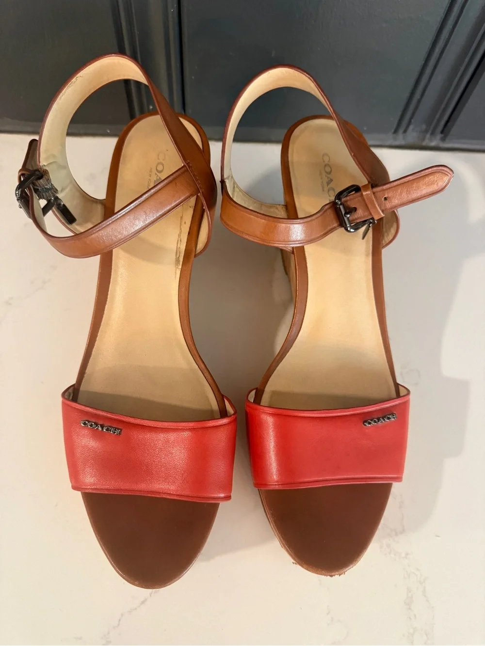 Coach Fran Cork Platform Wedge Sandals Carmine / Saddle Size 11